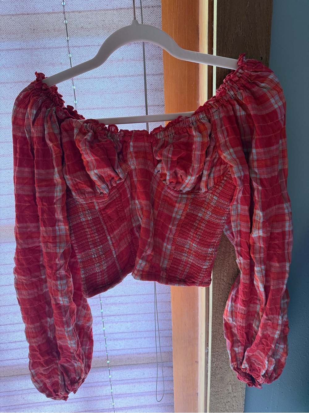 Free People Red Plaid Off-Shoulder Crop Top
